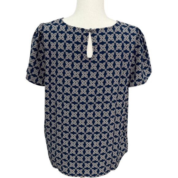 J. Crew Factory Printed Short-Sleeve Blouse Navy Blue White EUC - Picture 4 of 8